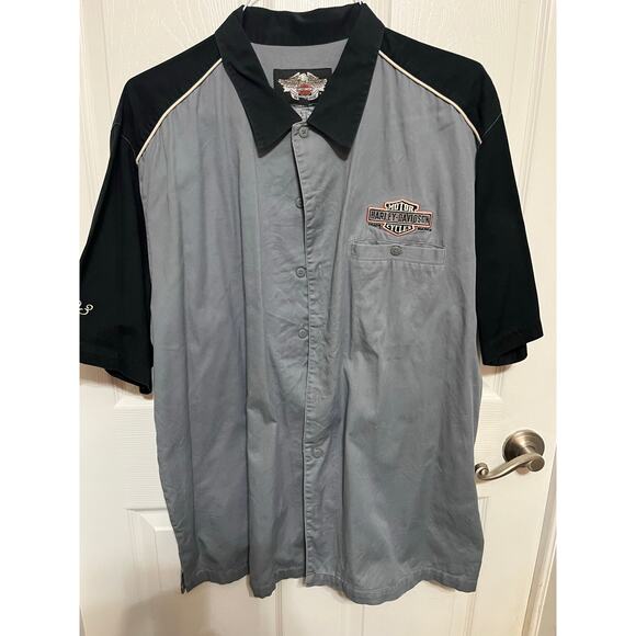 HARLEY DAVIDSON Men’s Garage Shirt Patches Black Gray Button Front Size XL - Picture 1 of 6